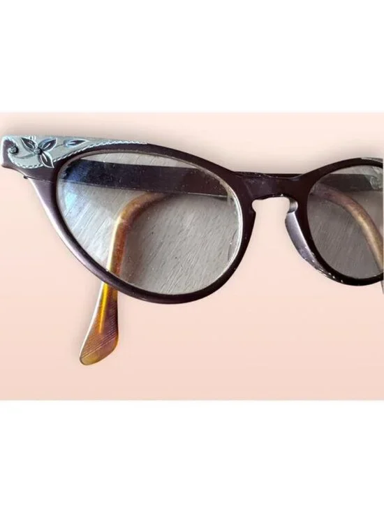 Vintage 1950s Art-Craft Aluminum Cat Eye Glasses – Frames with Floral Inlay - Picture 3 of 10
